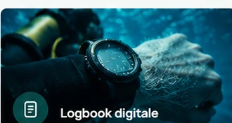Computer subacqueo al polso di un sub, con la scritta Logbook digitale