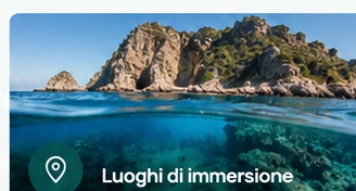 Costa rocciosa e fondale azzurro, con la scritta Luoghi di immersione