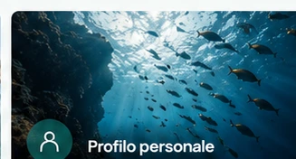 Pesci nel blu illuminati dal sole, con la scritta Profilo personale